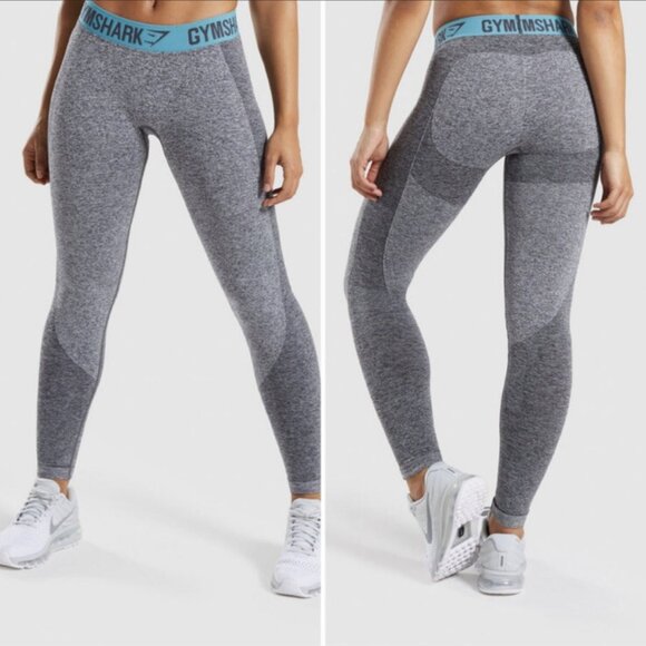 GymShark Womens Seamless Flex Leggings Gray  Turquoise Elastic Waist Sz M - Picture 1 of 10